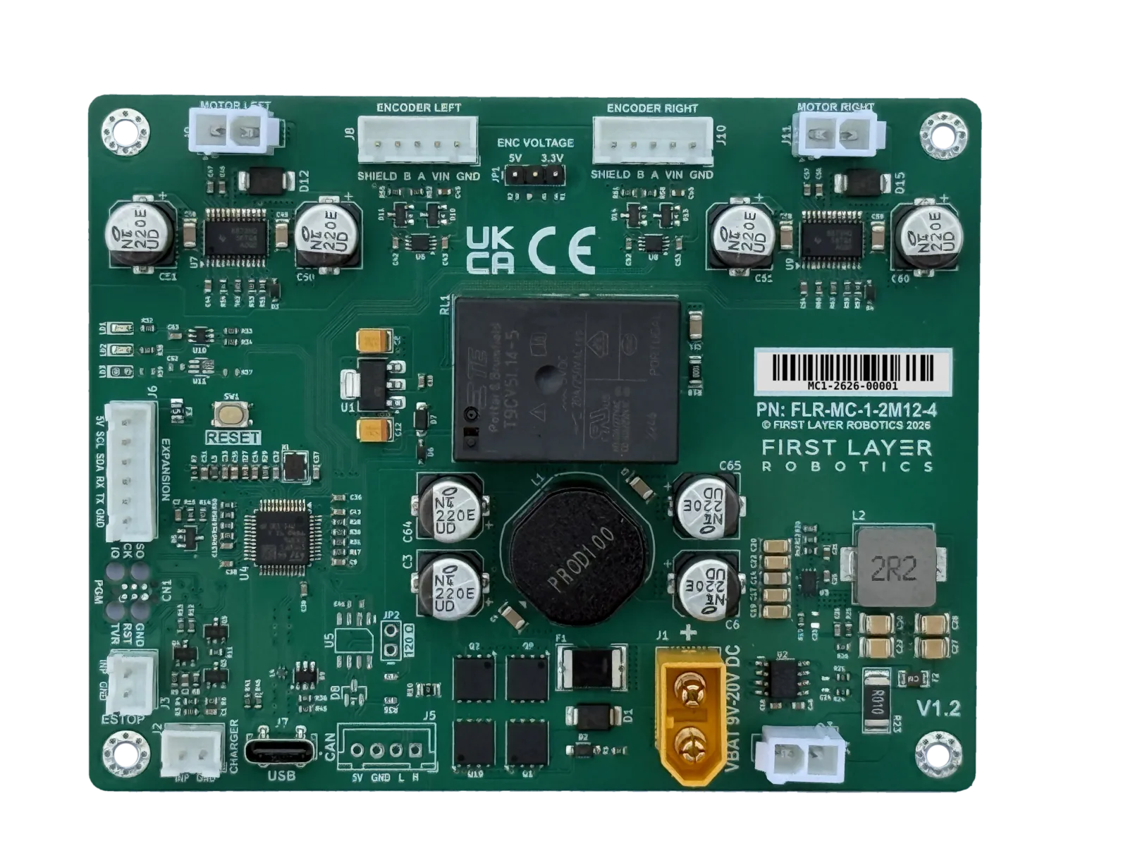 Motion Core motion controller board, top view with labelled connectors and interfaces