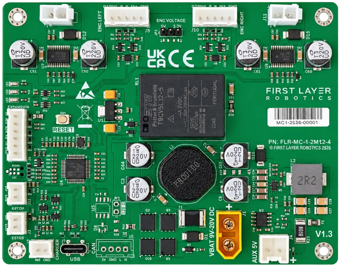 Motion Core V1.3 motion controller board, top view showing its connectors and interfaces